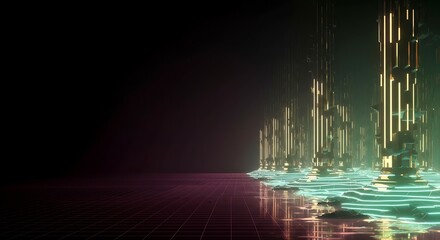 Futuristic city skyline at night with glowing neon lights reflecting on a dark rippling water surface