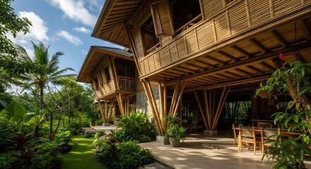 Impressive multistory ecofriendly building constructed entirely from bamboo in a lush tropical garden setting under a bright sky