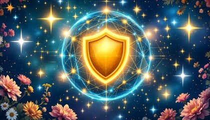 Golden shield protected by cosmic energy surrounded by stars and flowers