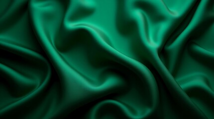 Luxurious emerald green satin fabric with elegant folds and soft flowing drapes creating a rich texture