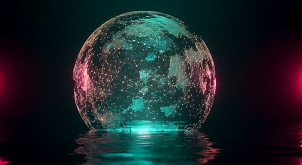 Mysterious translucent egg shaped object illuminated by vibrant green and pink neon lights against a dark background