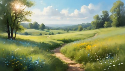 Sunlit meadow path winding through rolling hills under a bright blue sky with fluffy clouds