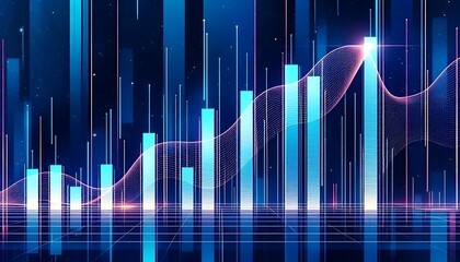 Vibrant blue and purple digital bar graph with glowing lines representing financial growth and data analysis