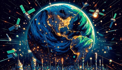 Vibrant earth illuminated by city lights and surrounded by a network of satellites in a futuristic digital space