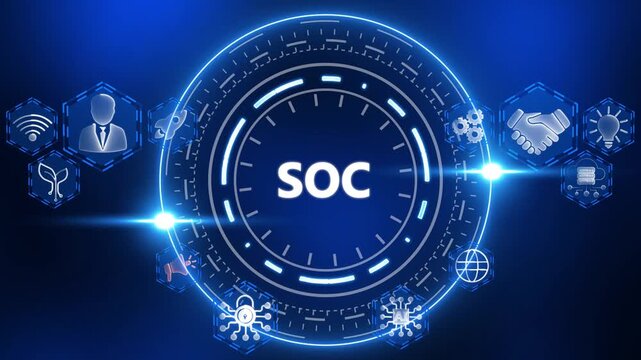 Digital network diagram with SOC text in center and hexagonal icons around system on chip technology