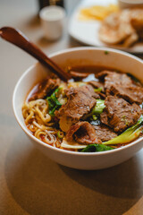 Beef stew noodle soup in a modern Japanese hibachi food restaurant  