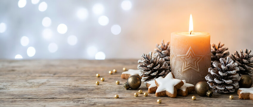 Christmas greeting card - White burning candle with natural decoration on rustic light wood - Merry Christmas and happy new year - Powered by Adobe