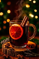 Steaming mug of mulled wine with orange slice and cinnamon stick