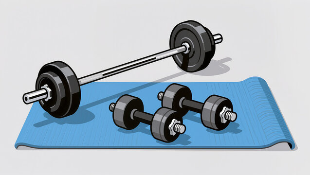 Weights and mats set up for a home workout session