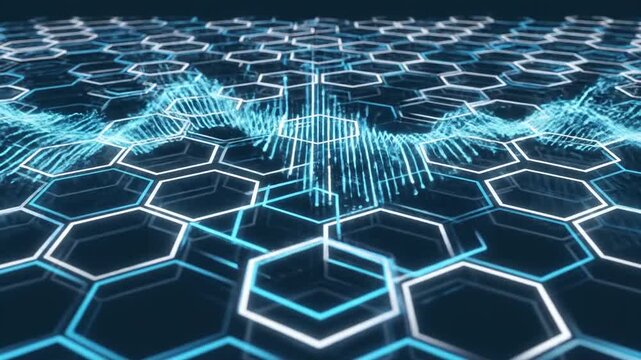 Abstract Dark Background with Blue and White Hexagonal Grid Pattern and Fluorescent Wavy Line Chart Depicting Scientific Data Visualization