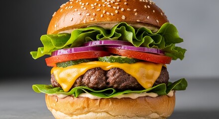 Delicious cheeseburger with fresh ingredients served on a sesame seed bun in a studio setting