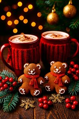 Two gingerbread teddy bears with hot cocoa by christmas light