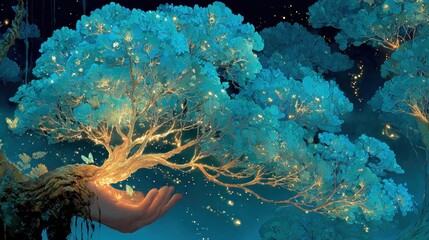 Glowing, teal trees reach from a hand into a dark, starlit sky