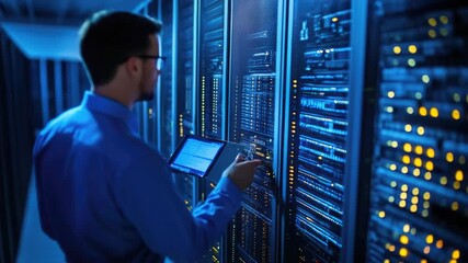 Video A person working on a computer in a data center or server room, with equipment and machinery in the background - Powered by Adobe