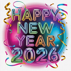 Naklejka premium Festive Happy New Year 2026 Celebration with Colorful Balloons and Streamers Background