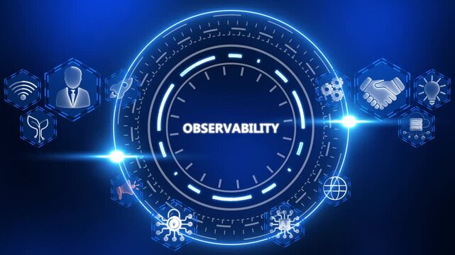 Digital observability concept with glowing icons and central text technology data