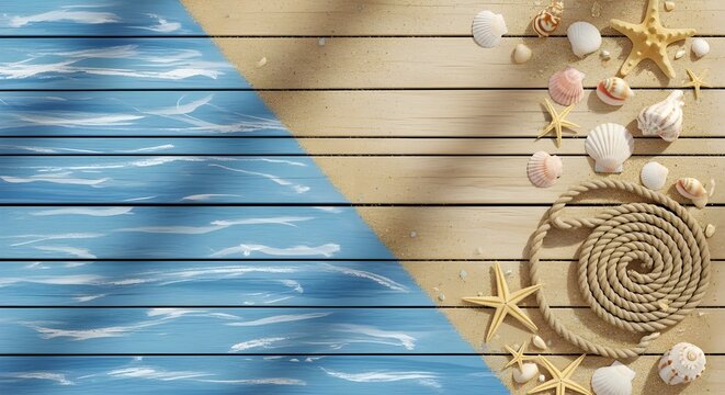Beach themed background with seashells starfish rope and ocean water on wood planks