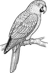 Parrot perched on a branch in a monochrome line drawing isolated on black background