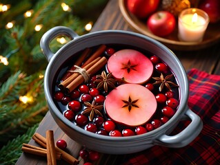 Hot mulled wine with apple and cranberry in a bowl