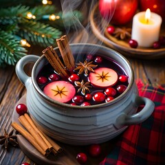 Steaming hot mulled wine with apple slice and cranberry garnish