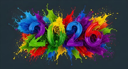 A refreshed and expressive rephrasing of colorful paint splashes merging into the number 2026, giving it a more contemporary descriptive tone.