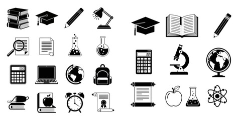 Education and Learning Icon Set Books, Graduation Caps, Scientific Tools, and More for Academic Concepts