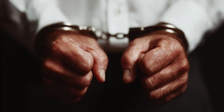 Handcuffed hands, breaking the law, criminal, arresting a bandit, thief in handcuffs, police vs. criminals, ICE immigrant capture. Crime and punishment, instant karma, for the news. High quality