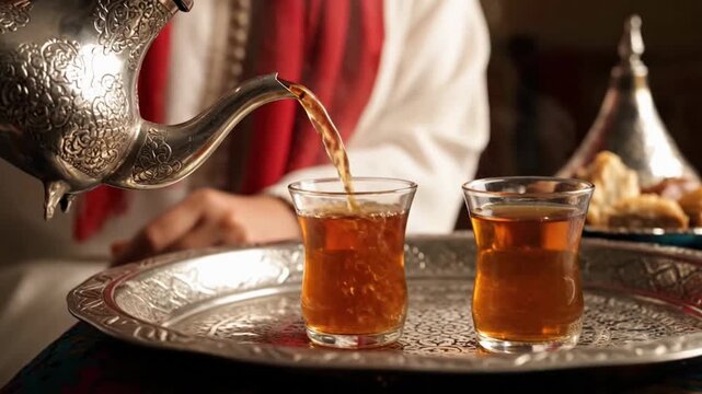 Serving Traditional Moroccan Mint Tea from a Silver Teapot