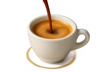 Espresso coffee stream pouring into white cup, creating rich crema foam, hot energy drink on transparent background
