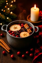 Hot mulled wine with apple, cranberry, and cinnamon stick