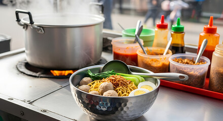 A food cart displays a bowl of noodles with toppings, a pot of boiling water, and various condiments.