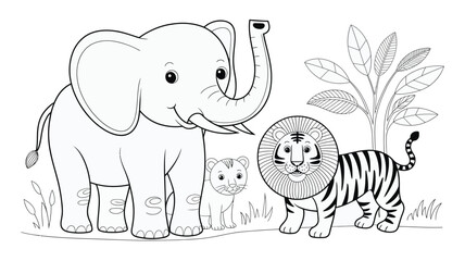 Cartoon jungle animals elephant lion and tiger in black and white