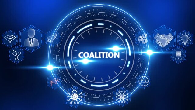 Digital coalition concept with glowing icons and central text on dark blue background Keywords: coalition, alliance, partnership, teamwork, connection, business, technology, digital, cooperation