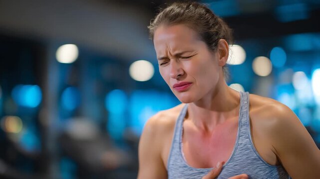 265Dramatic shot of woman in workout attire doubled over in chest pain, gym background softly blurred, dynamic lighting highlighting facial strain and tense muscles