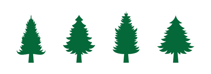 Obraz premium Pine tree silhouette vector set, fir tree icons, evergreen forest symbols, Christmas tree shapes, nature illustration, winter clipart.