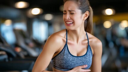 268Dramatic shot of woman in workout attire doubled over in chest pain, gym background softly blurred, dynamic lighting highlighting facial strain and tense muscles
