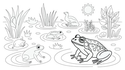 Enchanting Cartoon Pond Illustration with Frogs Water Lily and Sun