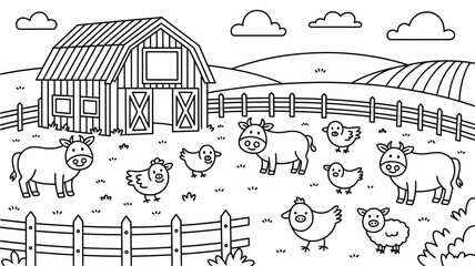 Farm Animal Illustration with Barn and Rolling Hills Coloring Page Style