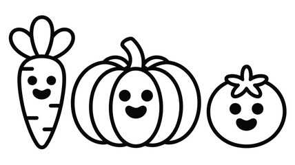 Smiling cartoon vegetables including a carrot pumpkin and tomato illustration