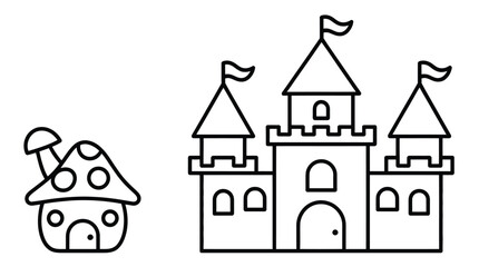 Whimsical Outlines of a Mushroom House and Castle Illustration Art