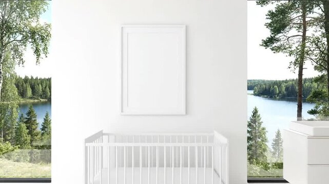 Minimalist nursery room with crib and changing table overlooks lake and forest.