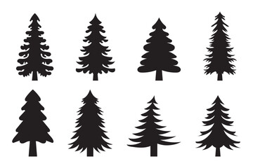 Collection of black silhouette christmas trees with decorations