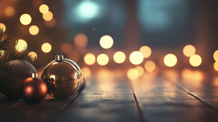 Elegant Christmas ornaments on rustic wood with bokeh lights creating warm festive cheer and holiday spirit
