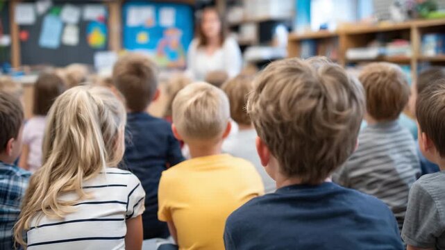 335Group of kids in elementary school classroom, seated and paying attention to teacher, colorful wall decorations, view from behind students highlighting classroom engagement