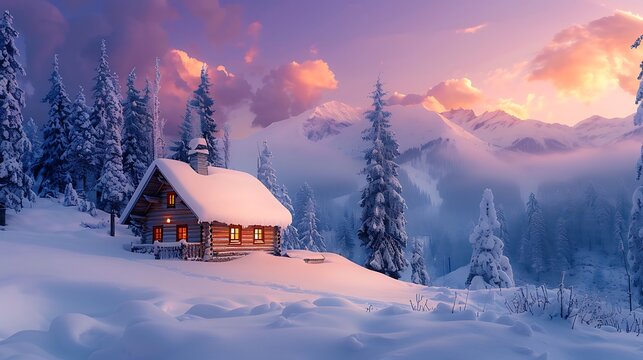 Cozy snow covered cabin in a winter mountain landscape at dusk