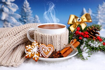 Hot chocolate with knitted cozy, gingerbread cookie, and winter decoration