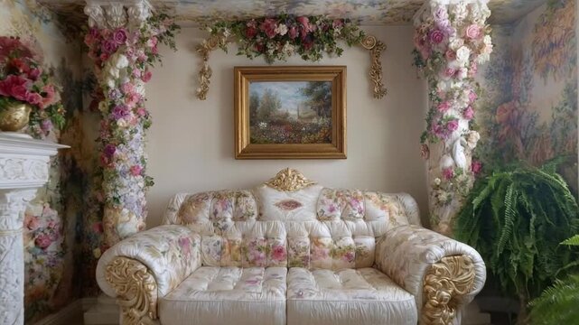 An opulent and lavishly decorated interior showcases a classic sofa with elegant floral upholstery, positioned in a room filled with exquisite details. Ornate pillars are adorned with abundant garland