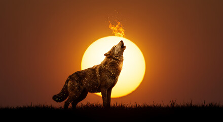 Wolf Howling at Sunset with Fire Breathing