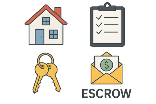 Real estate escrow service concept with key, house, and money.