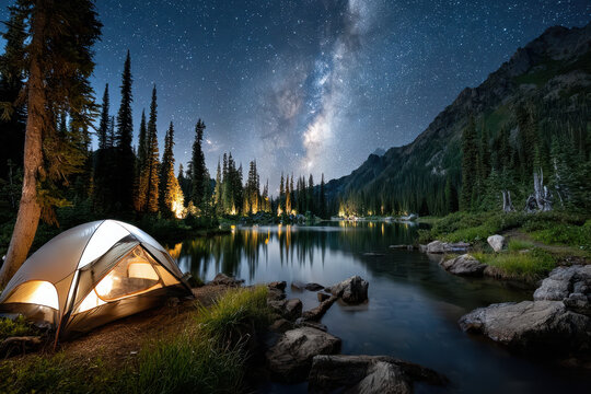 Camping Tent by Lake Under Milky Way and Starry Sky